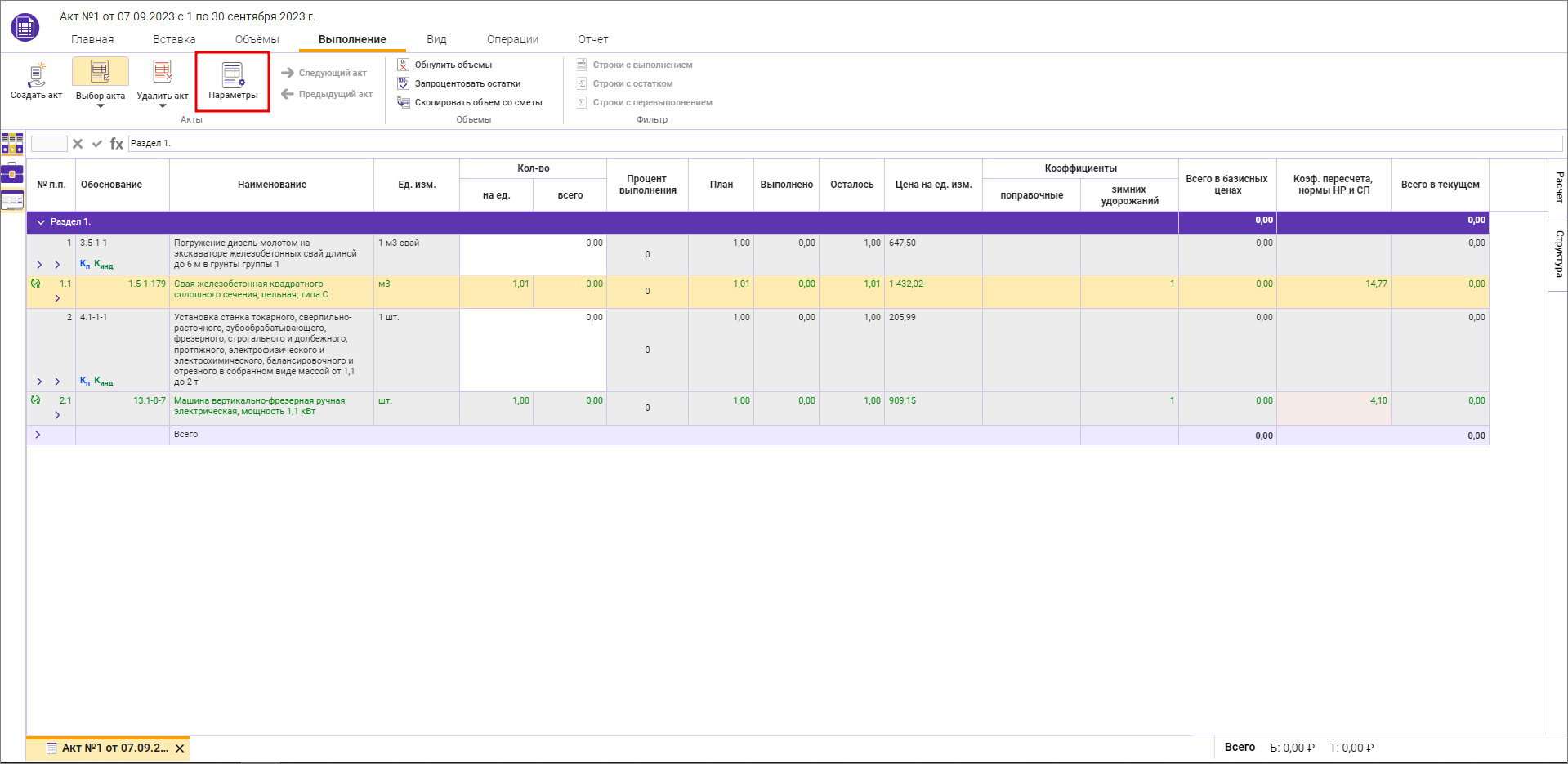 Параметры акта