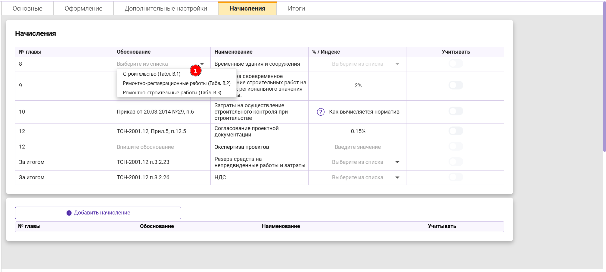Сметный офис. Параметры сводного сметного расчета, вкладка Начисления, титульные временные здания и сооружения