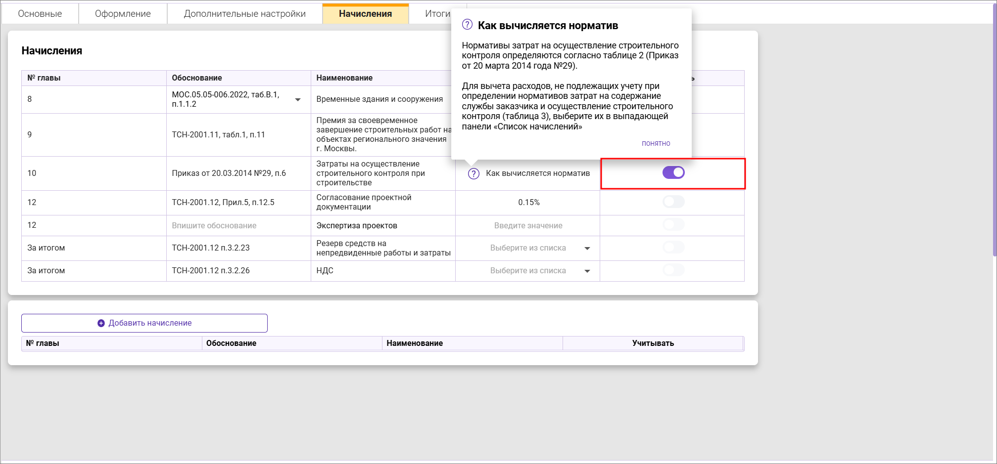 Сметный офис. Параметры сводного сметного расчета. Начисления затрат на Стройконтроль