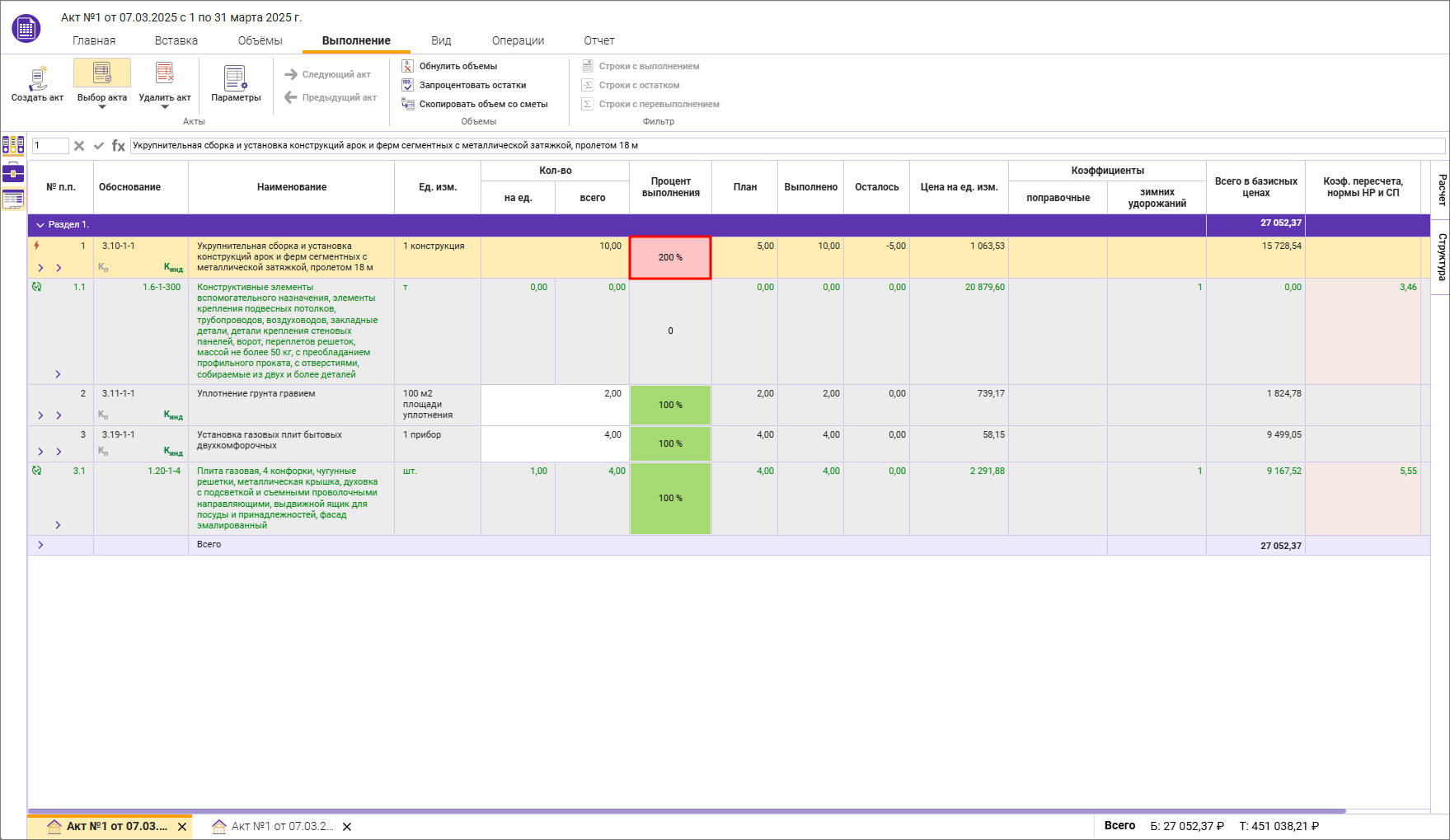 Сметный офис. Перепроцентаж в акте КС-2