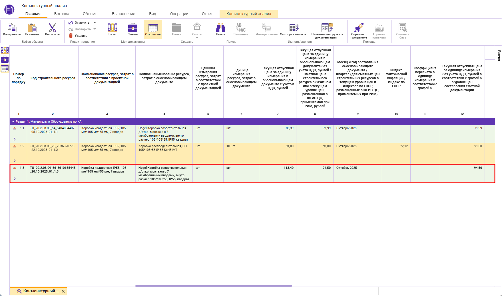 Сметный офис. Результат конъюнктурного анализа по группе строк